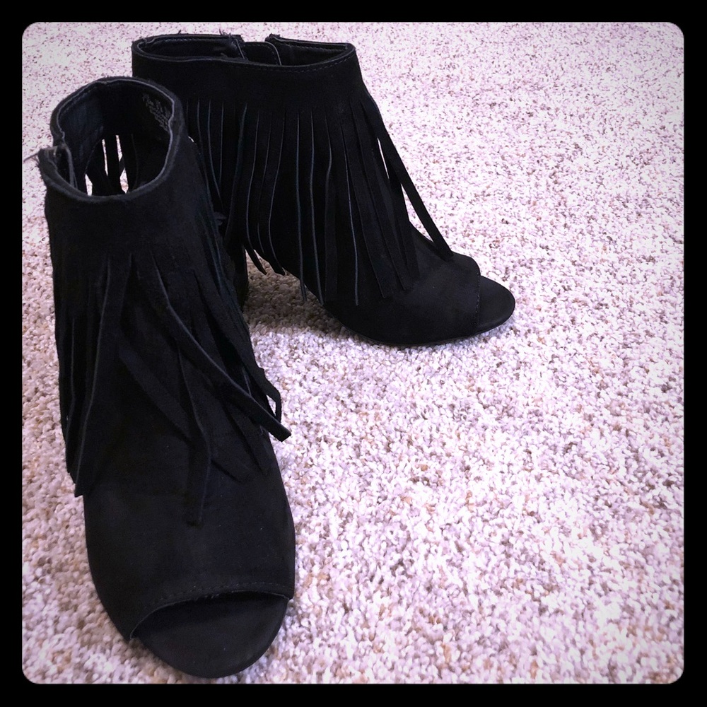 Carlos black fringe peep toe booties